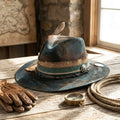 Aged Teal Distressed Fedora with Burlap Band, Concho and Coin