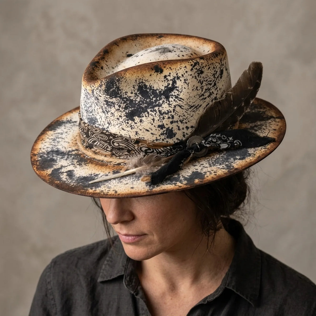 Splatter-Print Pork Pie Hat with Bandana Band and Feathers