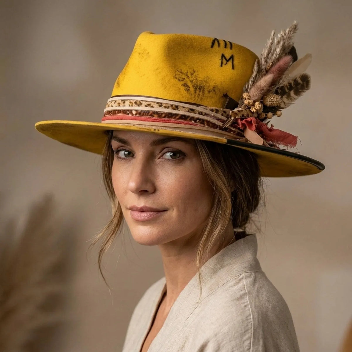 Distressed Yellow Felt Western Hat Roman Numeral Marking