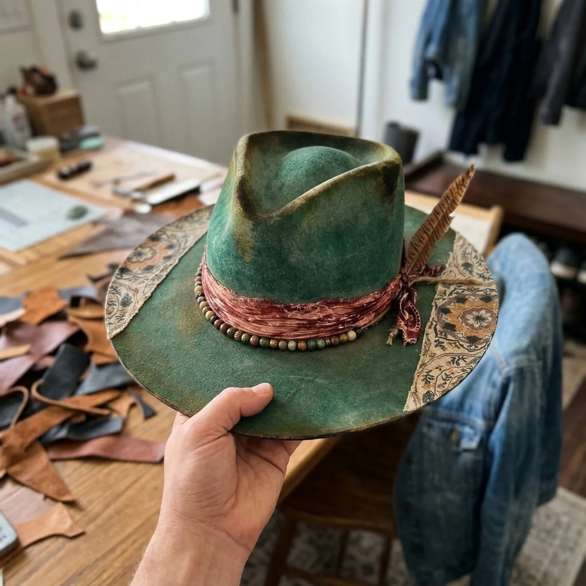 Distressed Green Felt Fedora with Floral Scarf Band and Beads
