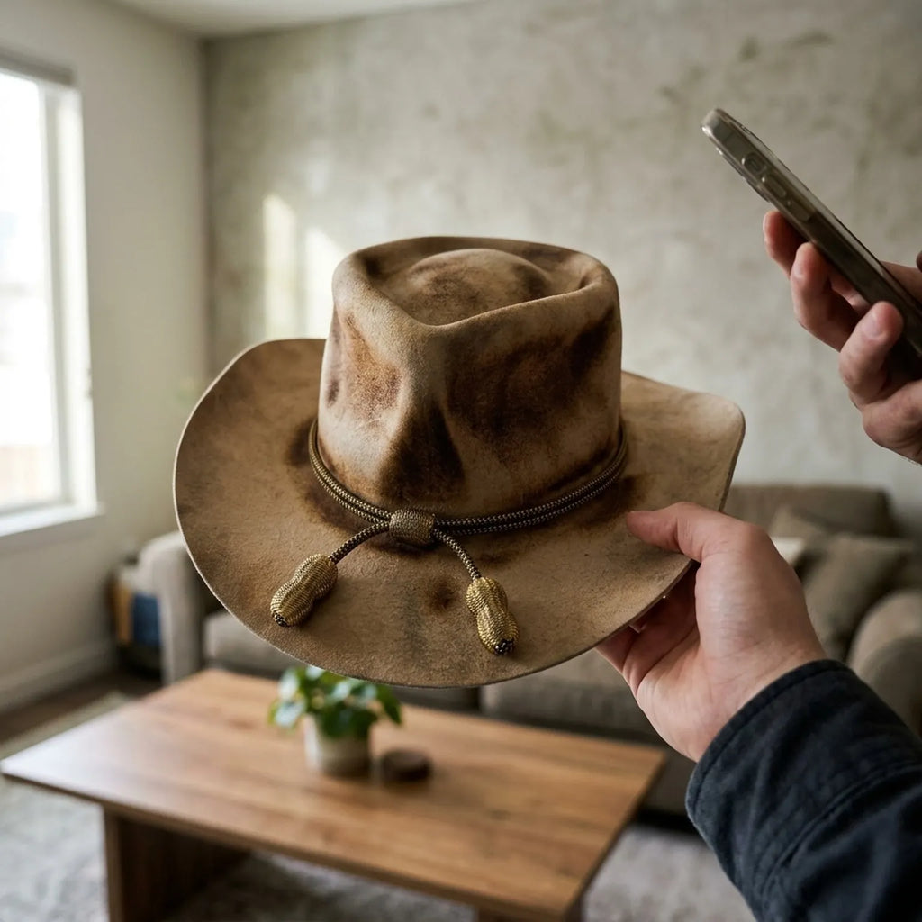 Distressed Tan Cowboy Hat with Braided Tassel Cord Band