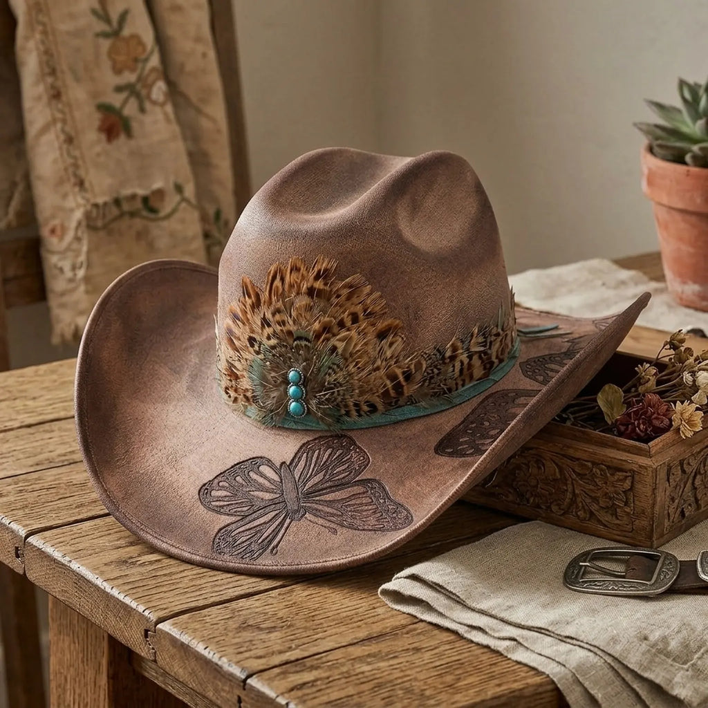 Brown Cowboy Hat with Butterfly Etching and Turquoise Feather Fan