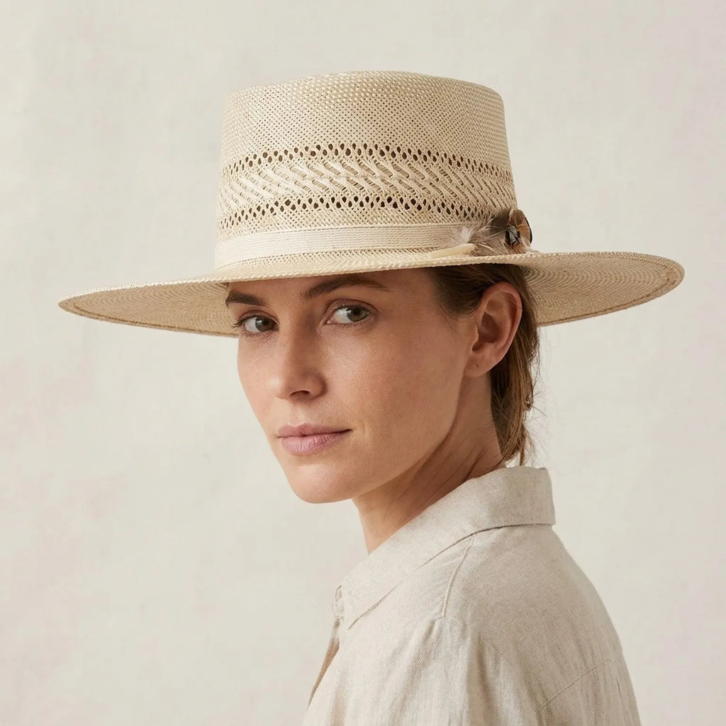 Natural Boater Straw Hat with Vented Crown and Feather