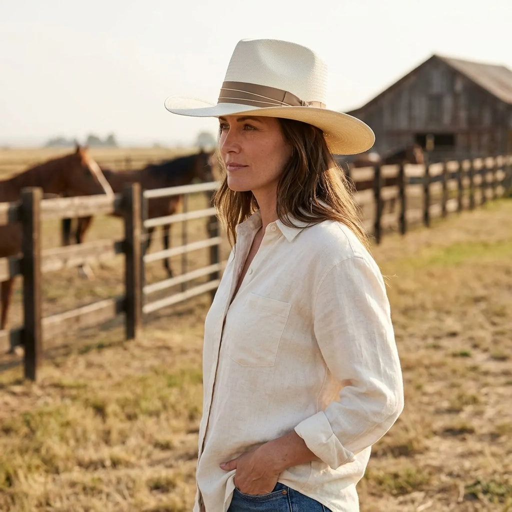 Unisex Ivory Straw Cowboy Hat with Grosgrain Ribbon Band