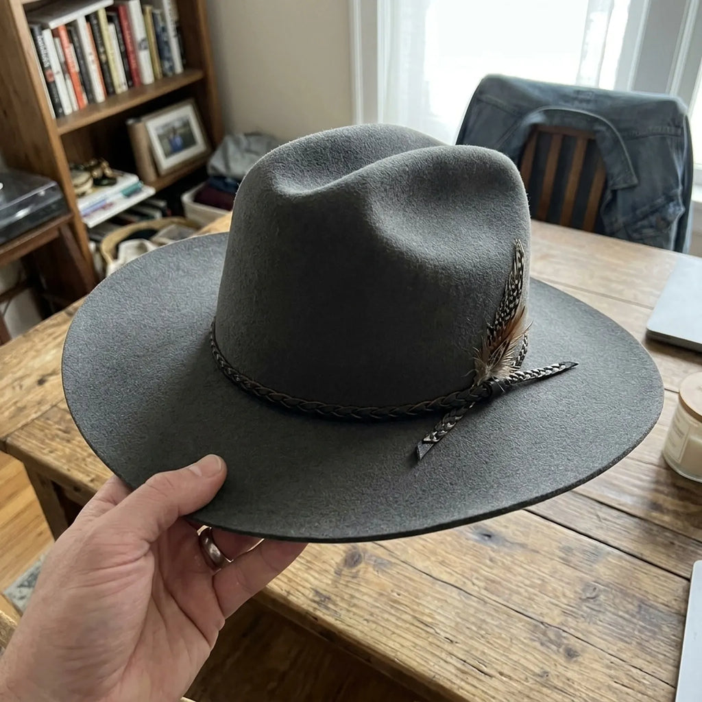 Unisex Gray Wool Felt Western Hat with Feather Band