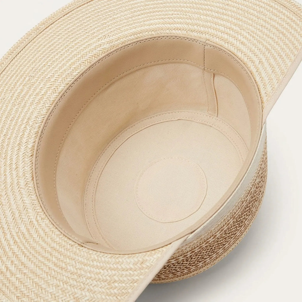 Natural Straw Boater Hat with Striped Weave and Flat Top Crown