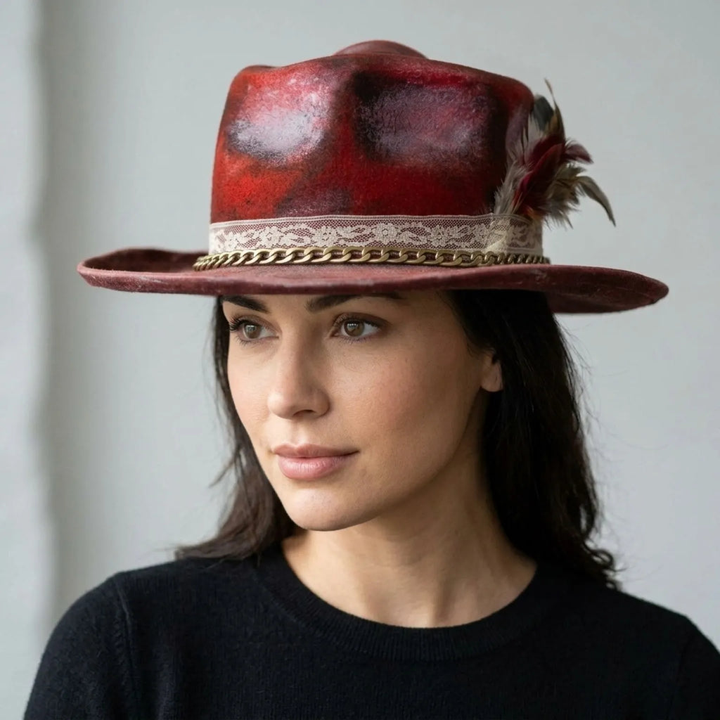 Wine Red Crushed Velvet Fedora with Cream Lace and Brass Chain