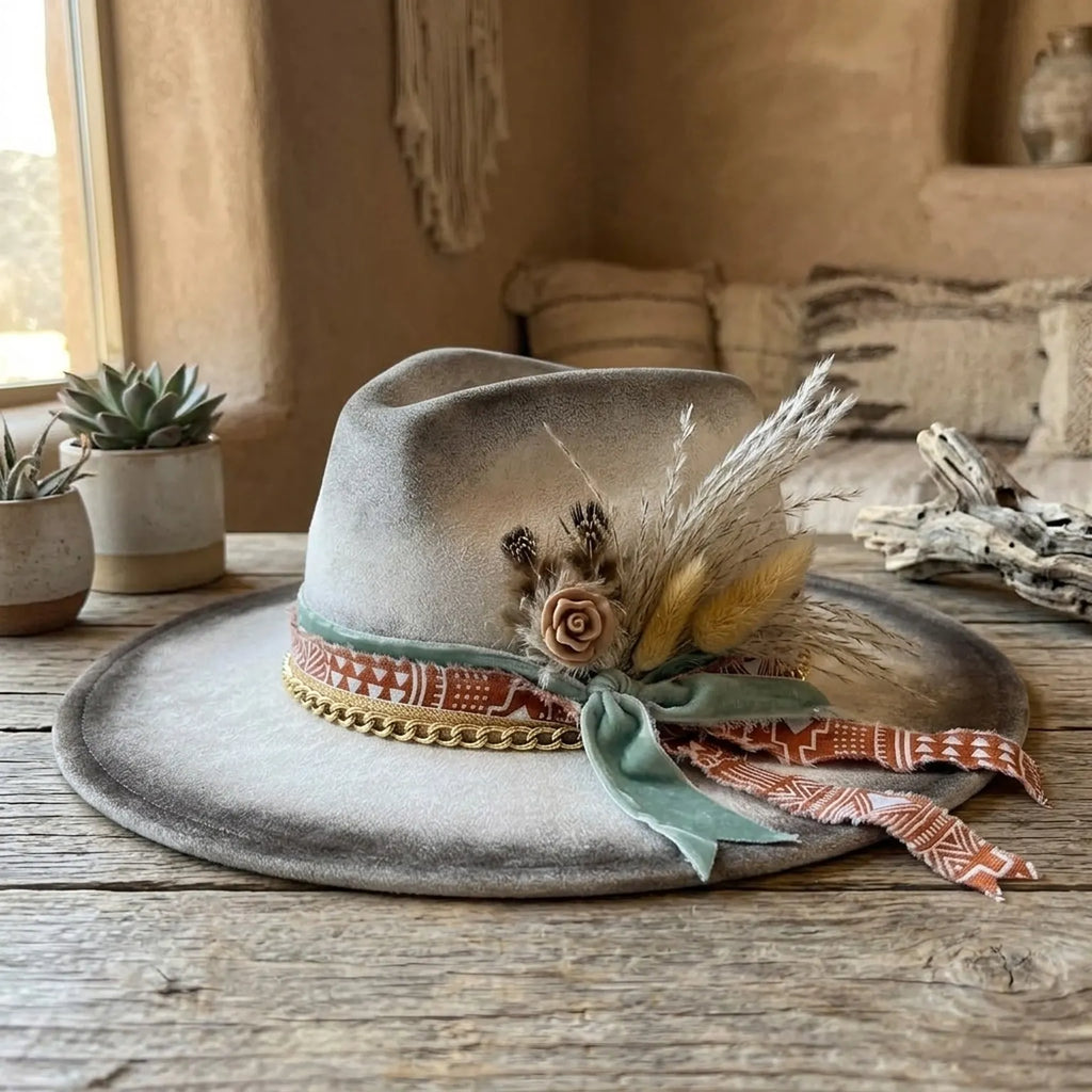 Silver Grey Felt Fedora with Dried Plumes Tribal Print Ribbon