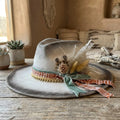 Silver Grey Felt Fedora with Dried Plumes Tribal Print Ribbon