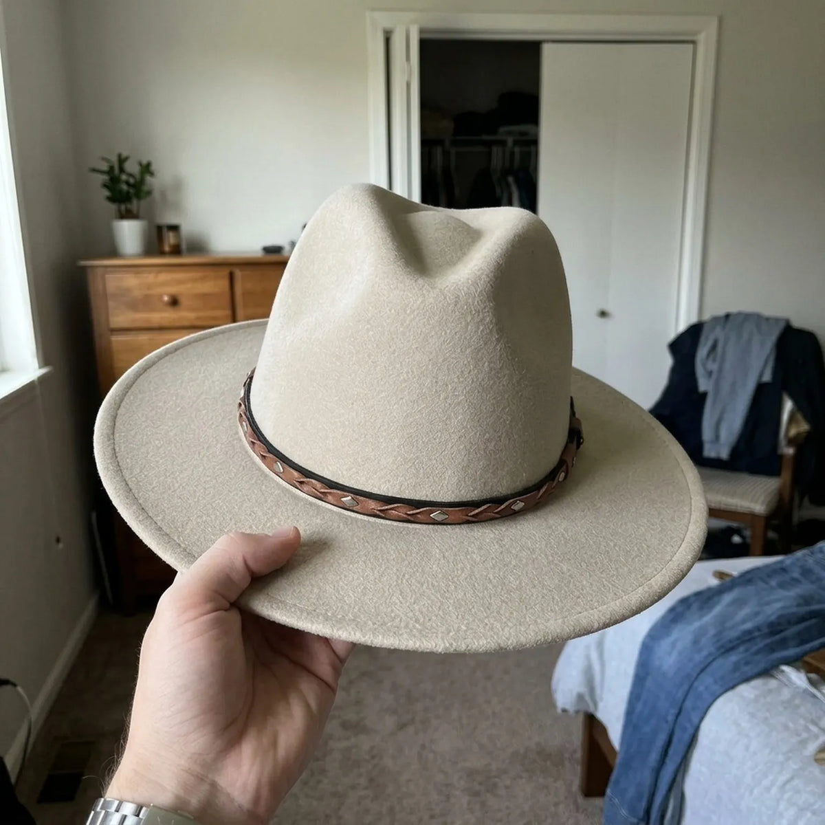 Sand Felt Western Hat with Braided Leather Band and Silver Studs