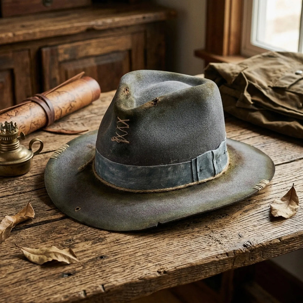 Olive Distressed Western Hat With Raffia Band And Lace-Up Crown
