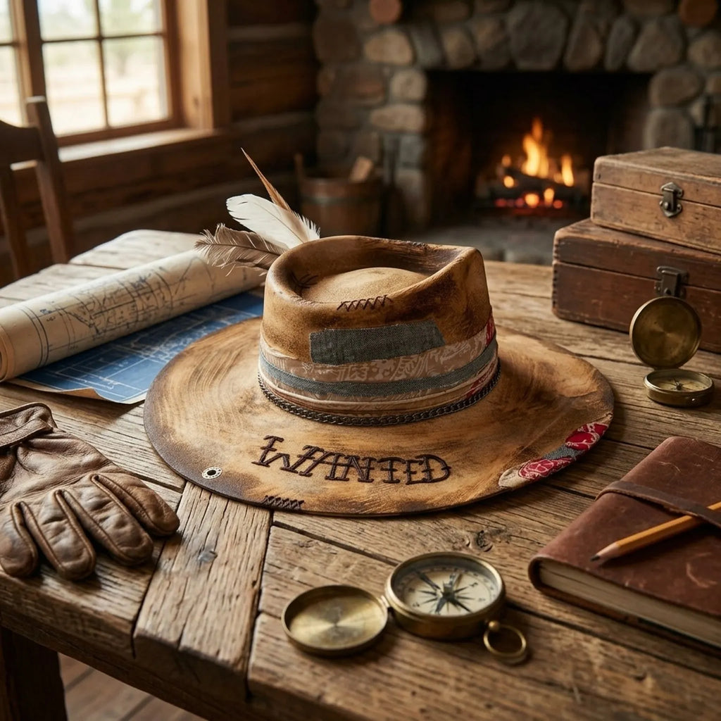 "Wanted" Tan Felt Western Hat with Patchwork Band and Feathers
