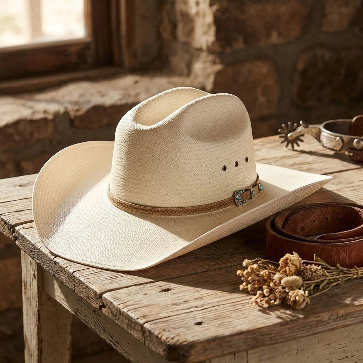 Cream Straw Cowboy Hat with Braided Leather Hatband Detail