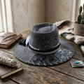 Gray Flocked Fedora Hat with Wild Soul Embroidery and Feather
