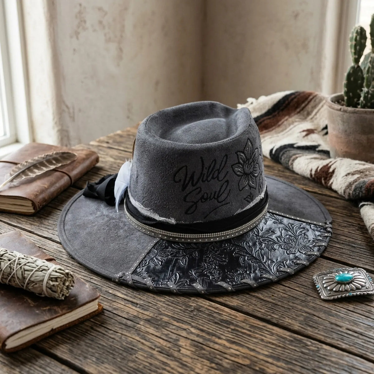Gray Flocked Fedora Hat with Wild Soul Embroidery and Feather