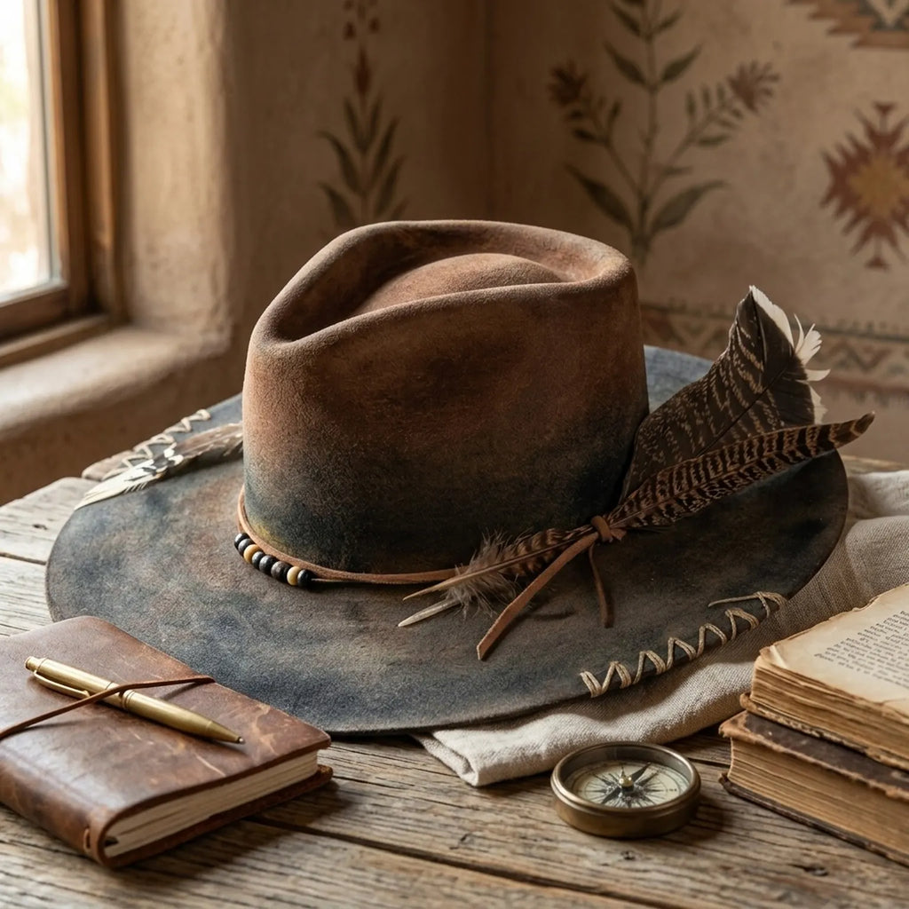 Brown Ombre Felt Hat with Cord Band Beads and Pheasant Feathers