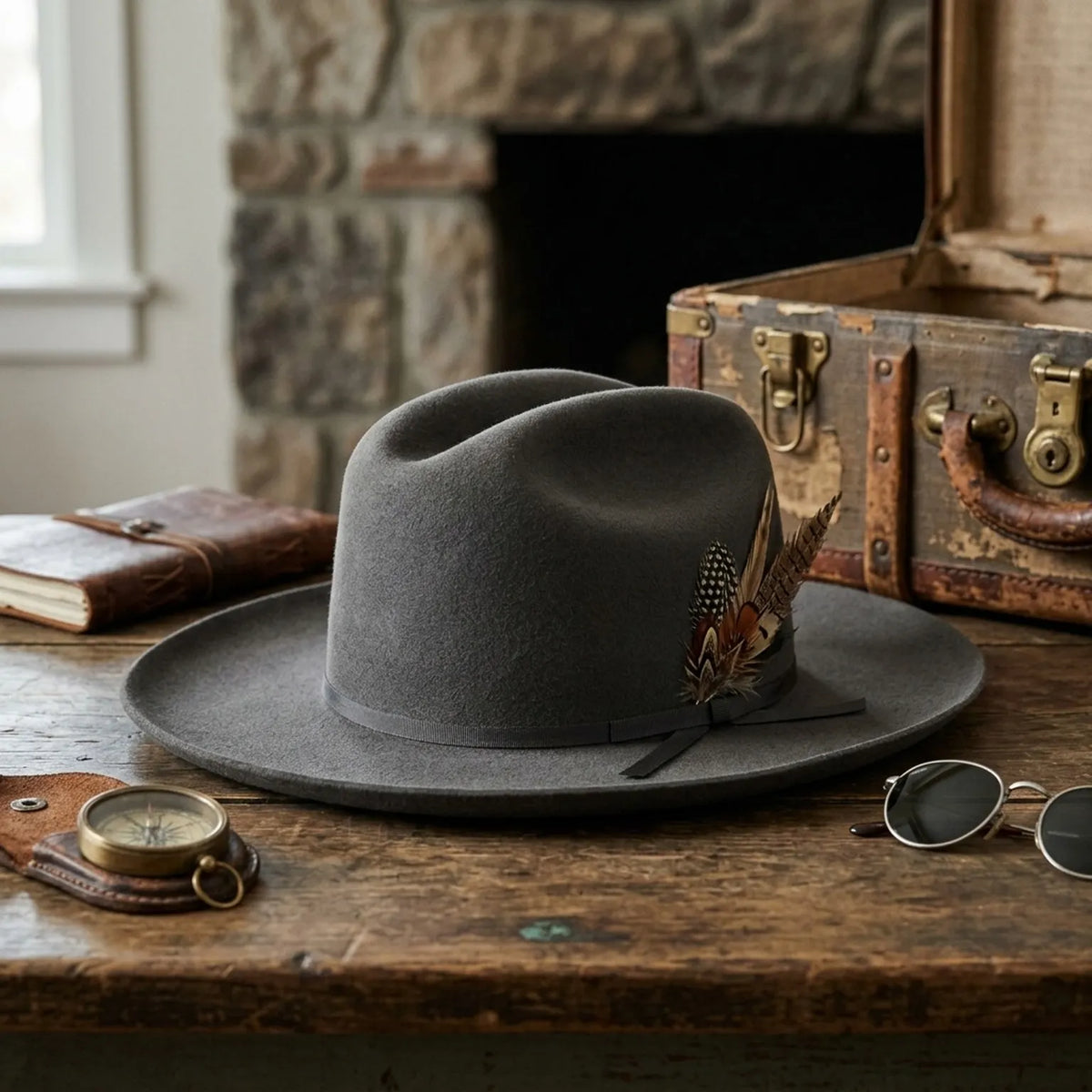 Unisex Gray Wool Felt Western Hat with Feather Band