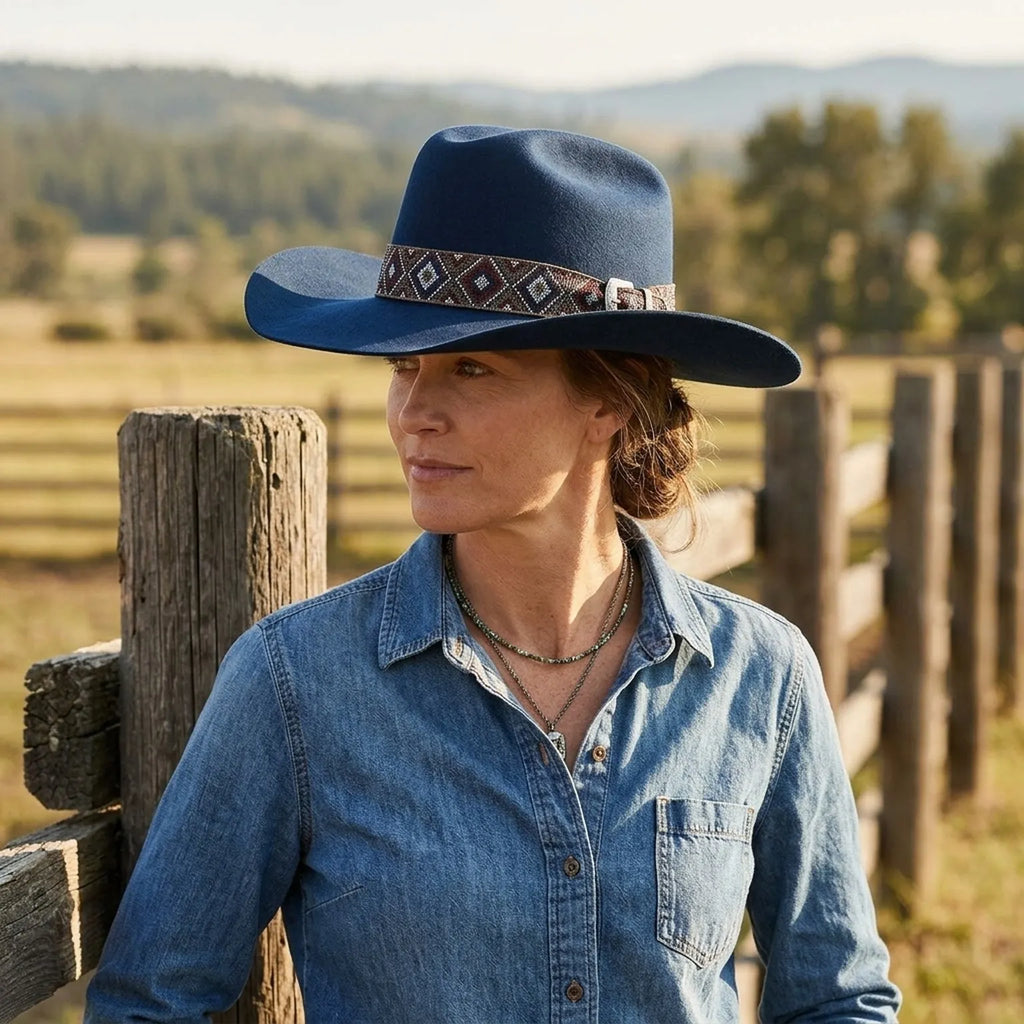 Navy Blue Felt Cowboy Hat With Geometric Woven Band