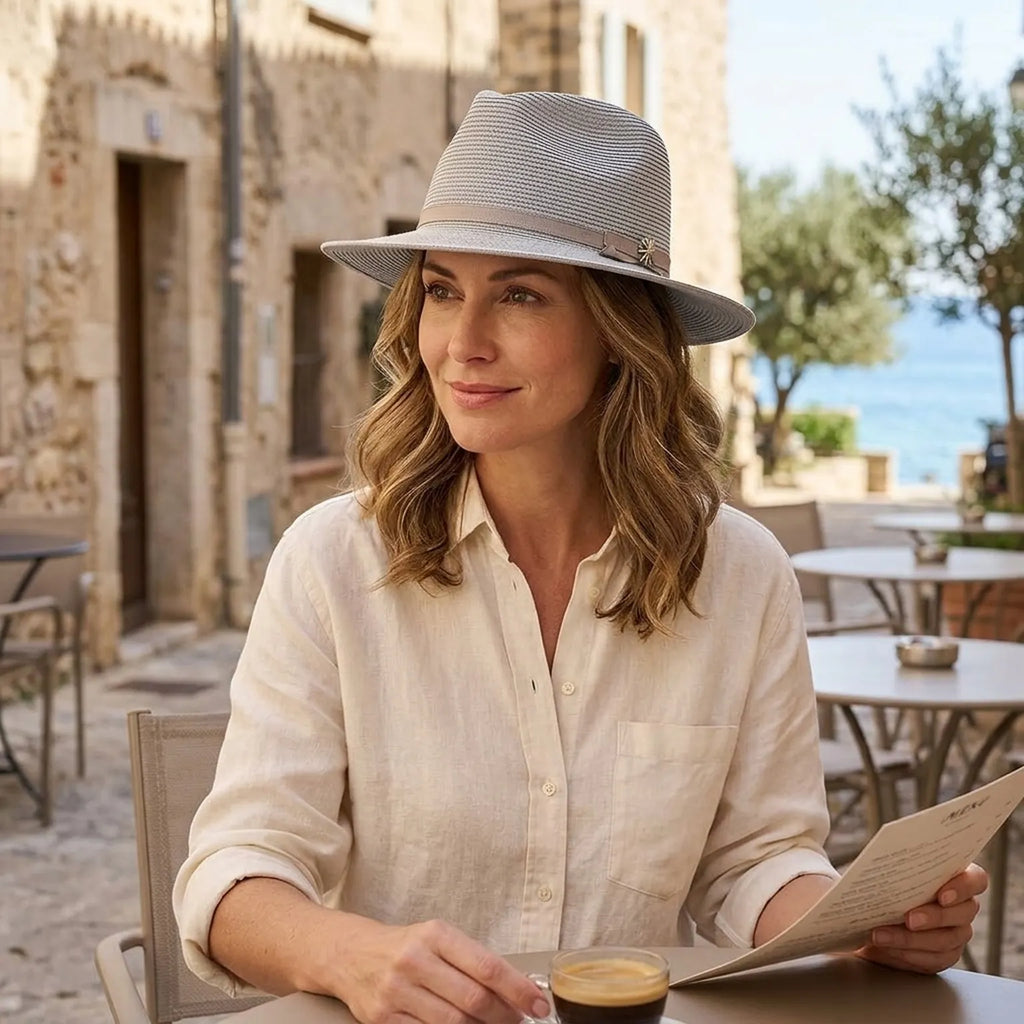 Light Gray Straw Fedora with Ribbon Band and Side Buckle