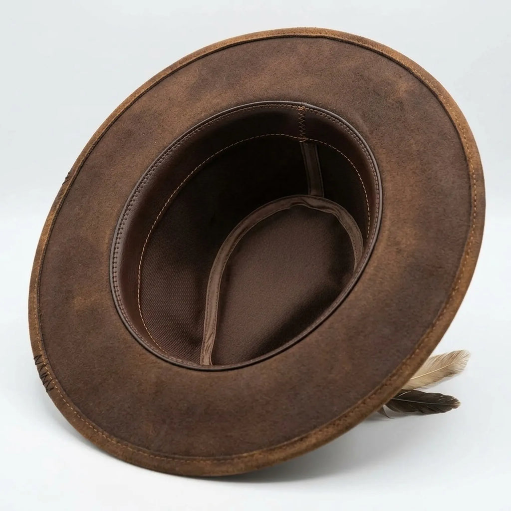 Brown Distressed Fedora Burlap Band Feather Cross Stitch Boho Western