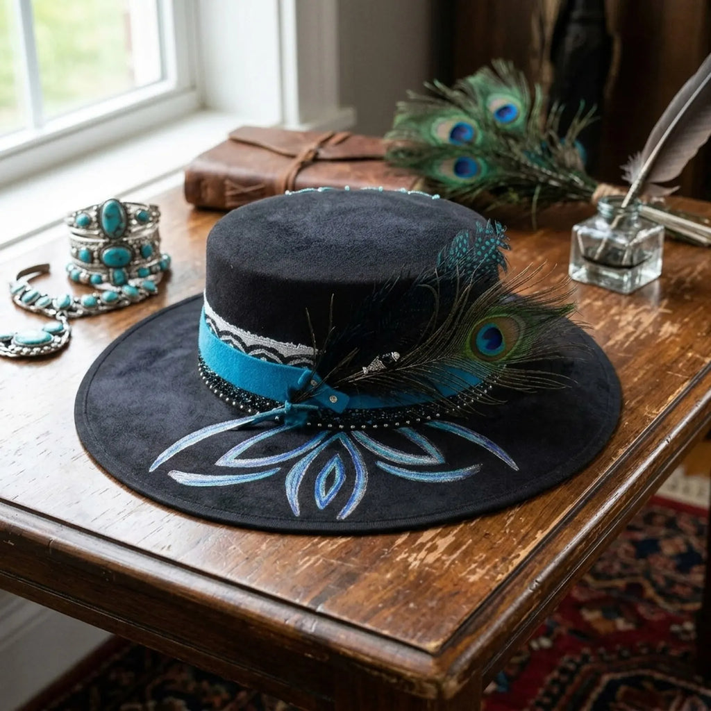 Black Wide-Brim Fedora with Peacock Feather and Turquoise Band