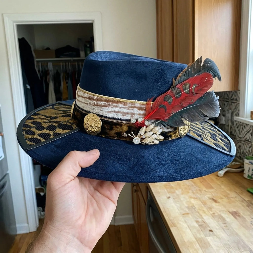 Navy Felt Western Hat with Leopard Brim and Feather Brooch