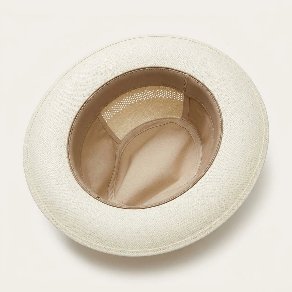 White Perforated Straw Fedora with Black Band and Bow Detail