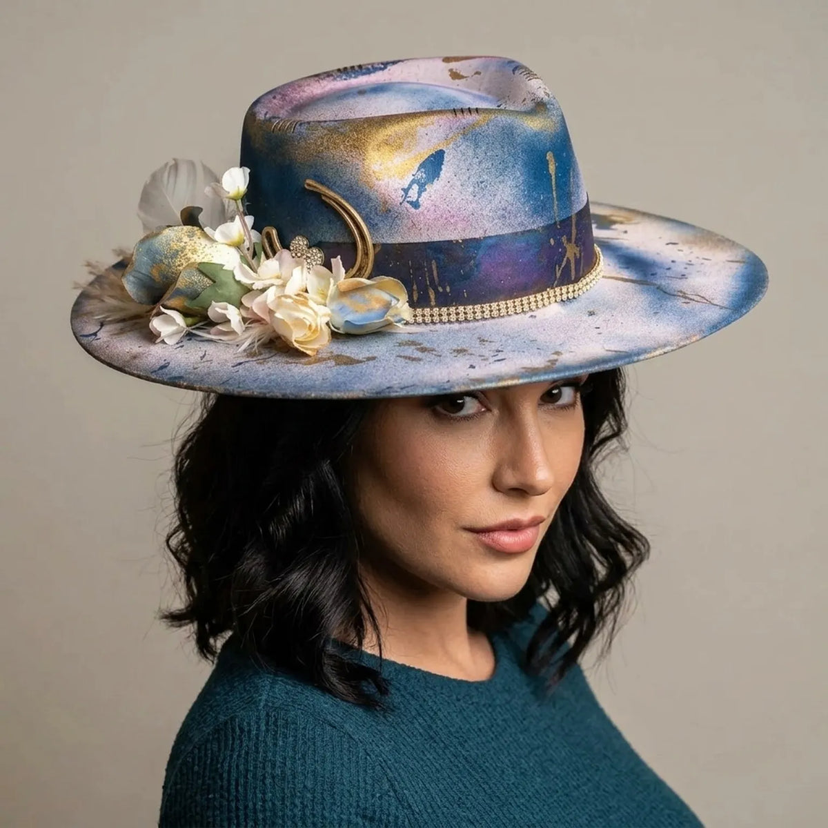 Boho Tie-Dye Fedora with Floral Accent and Rhinestone Band