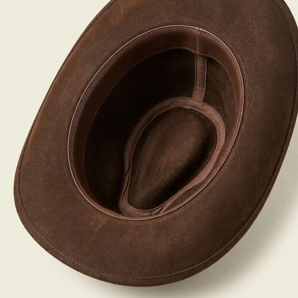 Distressed Brown Felt Fedora with Sequin Band and Feather Accents