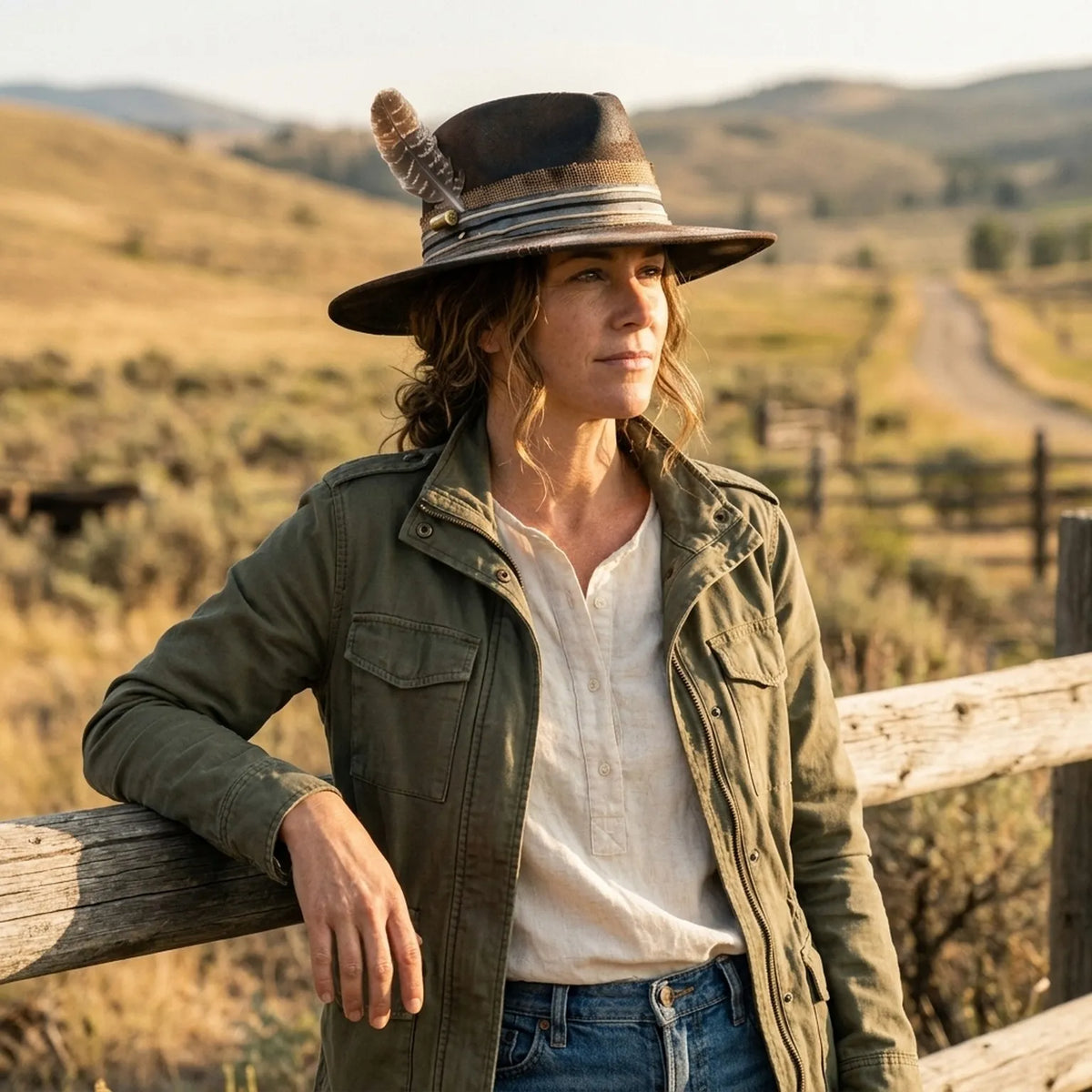 Weathered Gray Fedora with Feather and Denim Burlap Band