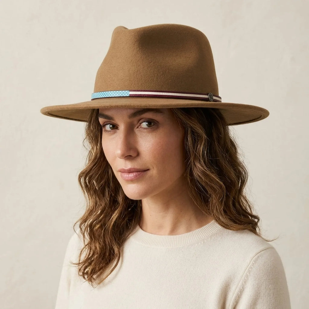 Camel Tan Felt Fedora with Turquoise Checkered Band, Festival Style