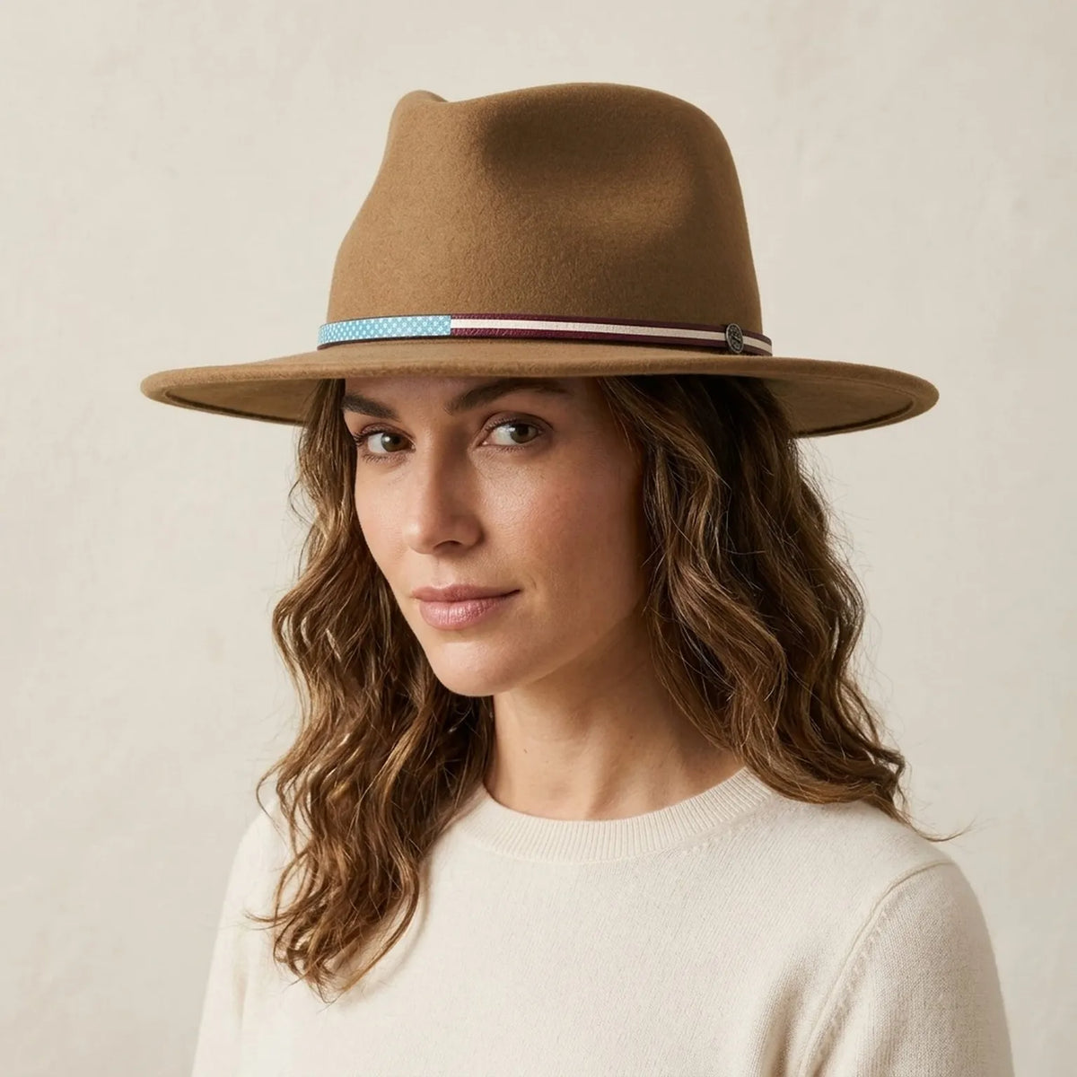 Camel Tan Felt Fedora with Turquoise Checkered Band, Festival Style