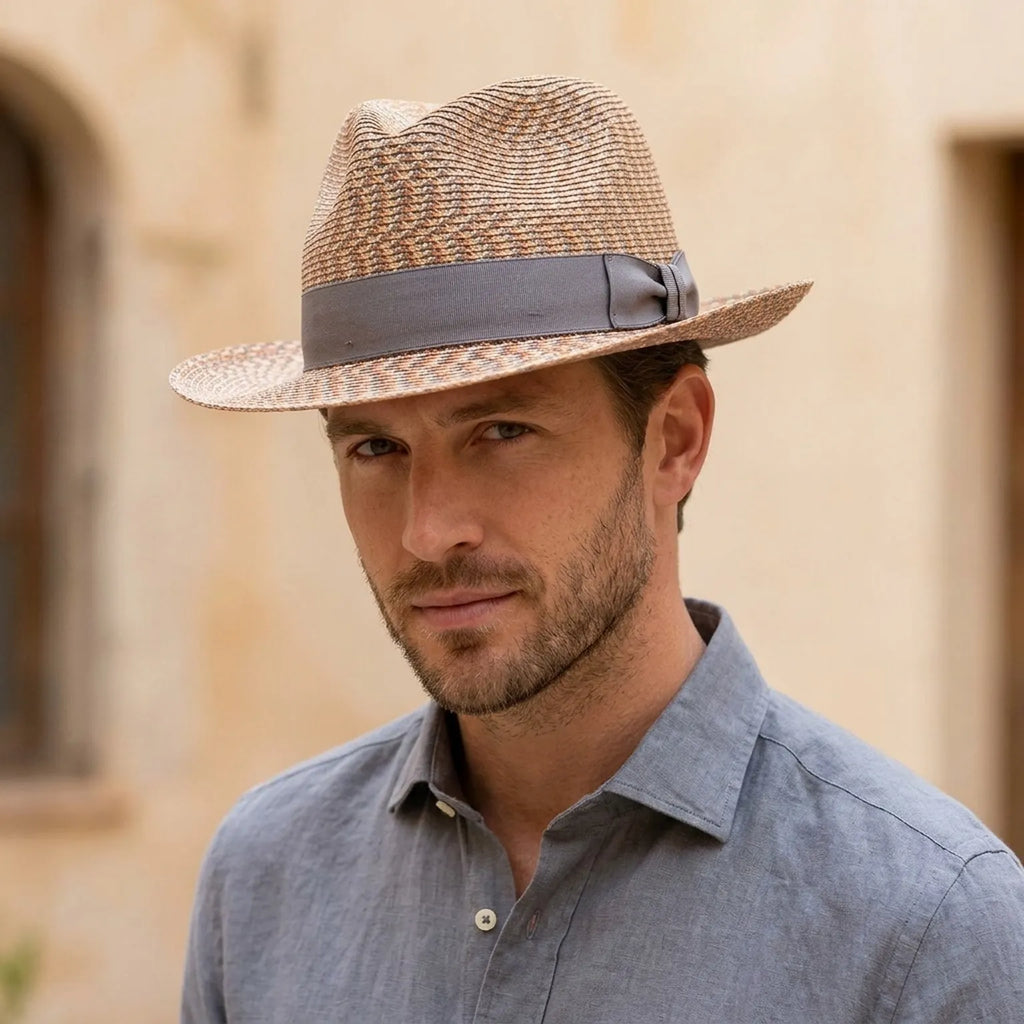 Multicolor Woven Straw Fedora with Herringbone Pattern Band