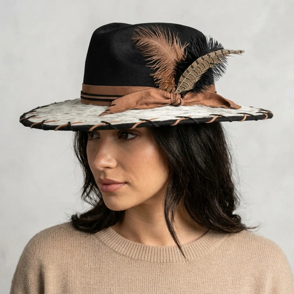 Black Felt Western Hat Cowhide Brim Brown Feather Trio