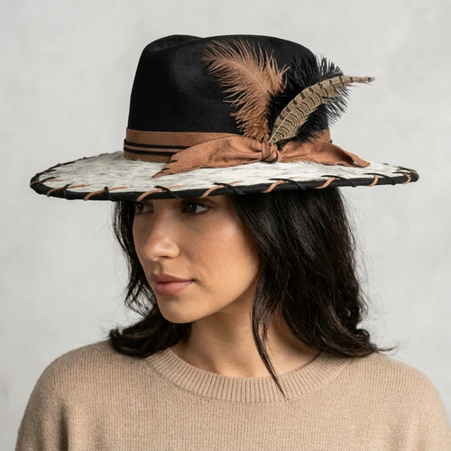 Black Felt Western Hat Cowhide Brim Brown Feather Trio