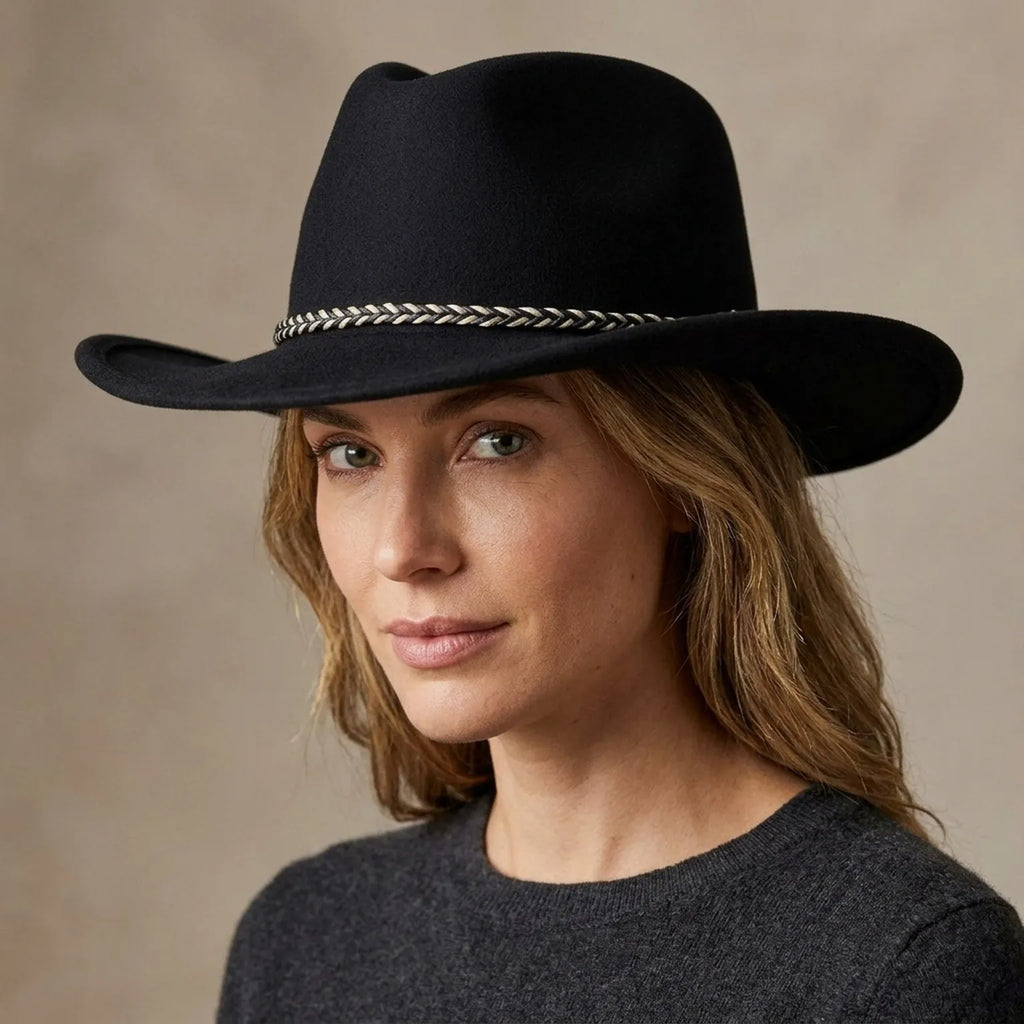 Black Wool Felt Western Hat with Braided Rope Band for Adults