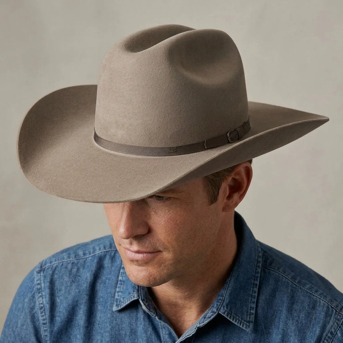 Unisex Taupe Wool Felt Cowboy Hat with Grosgrain Band Pin