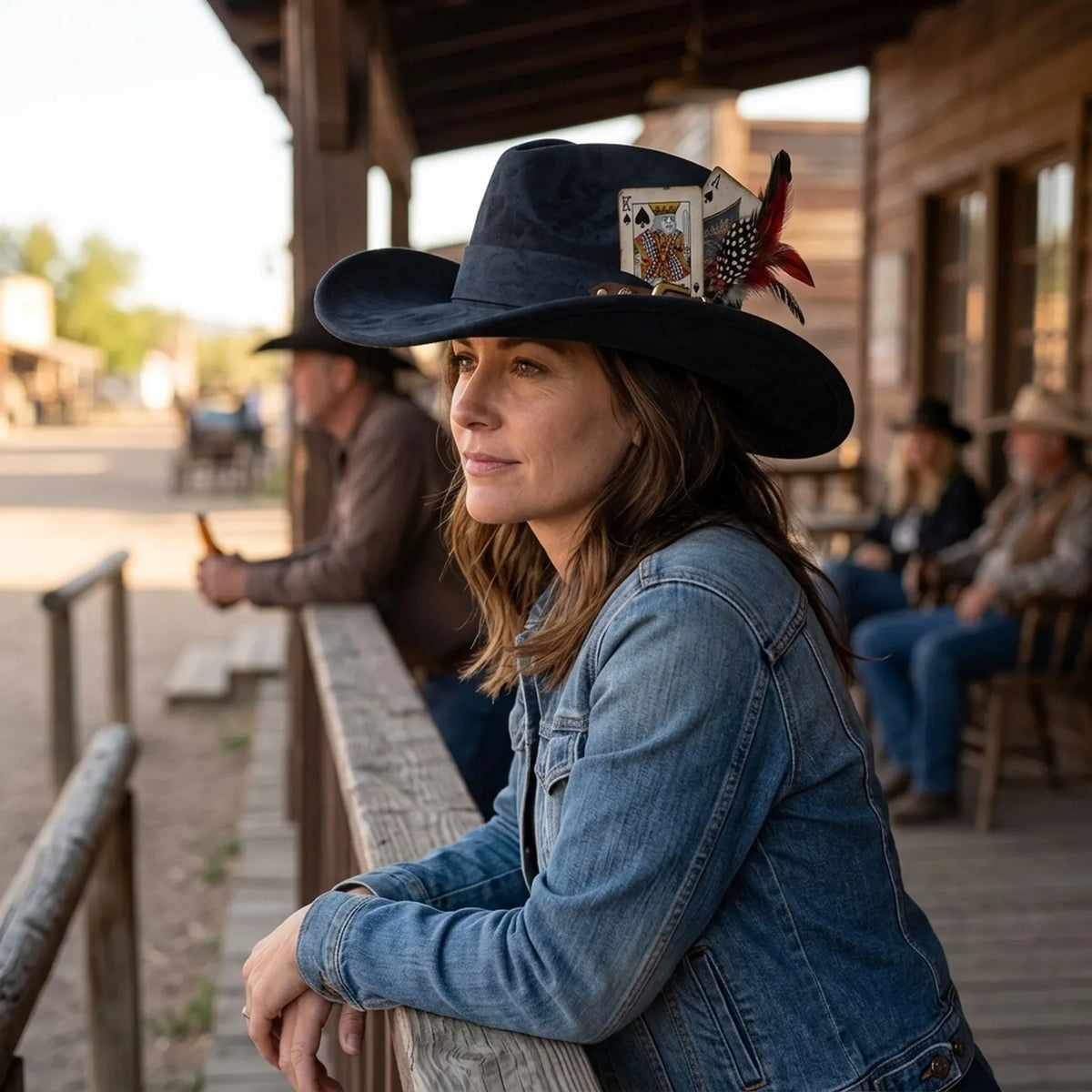 Navy Suede Western Hat With Leather Belt And Feather Cards