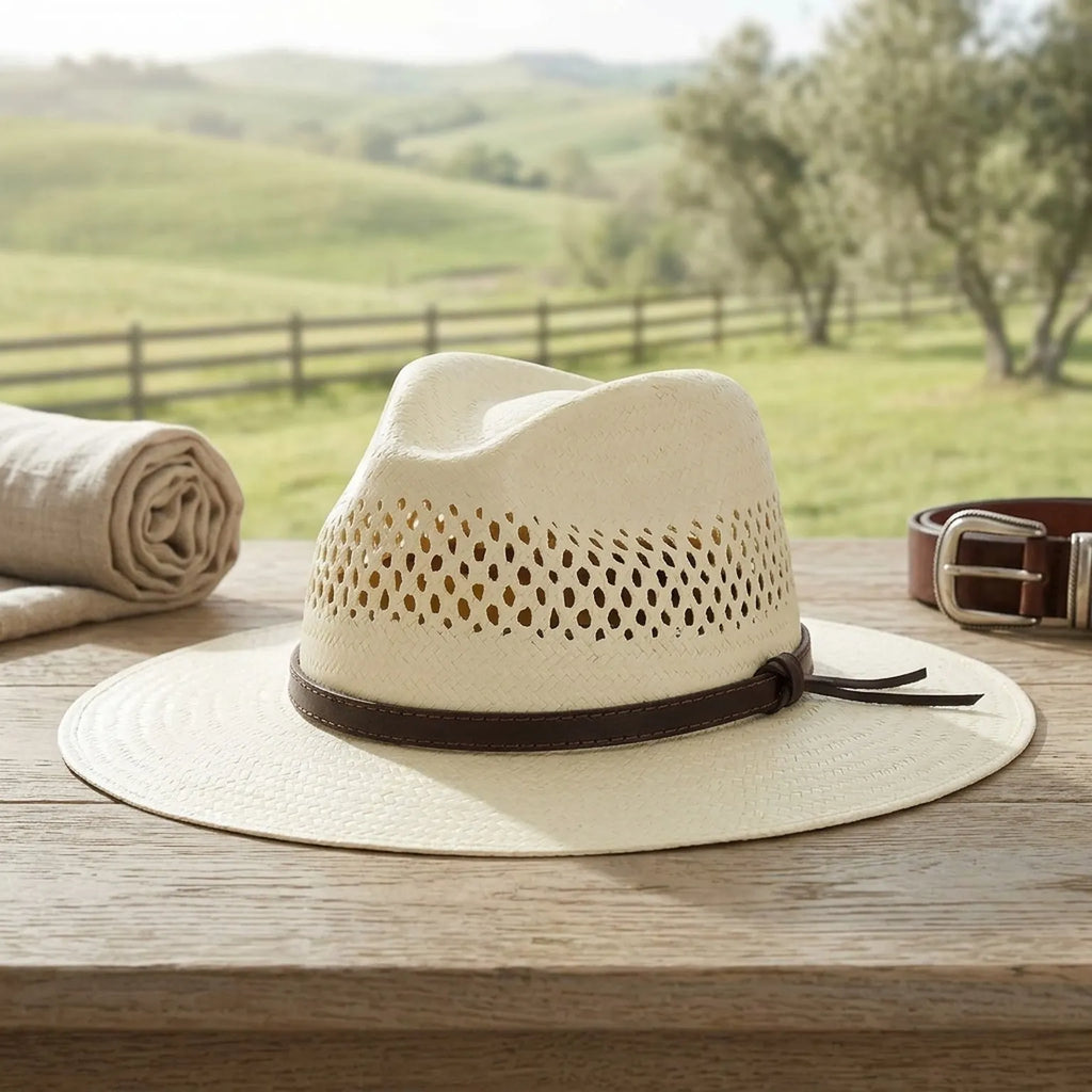 Off-White Vented Straw Western Hat with Leather Cord Band