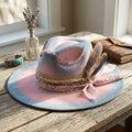 Pink Blue Tie-Dye Felt Fedora with Beaded Chain Bandana Scarf