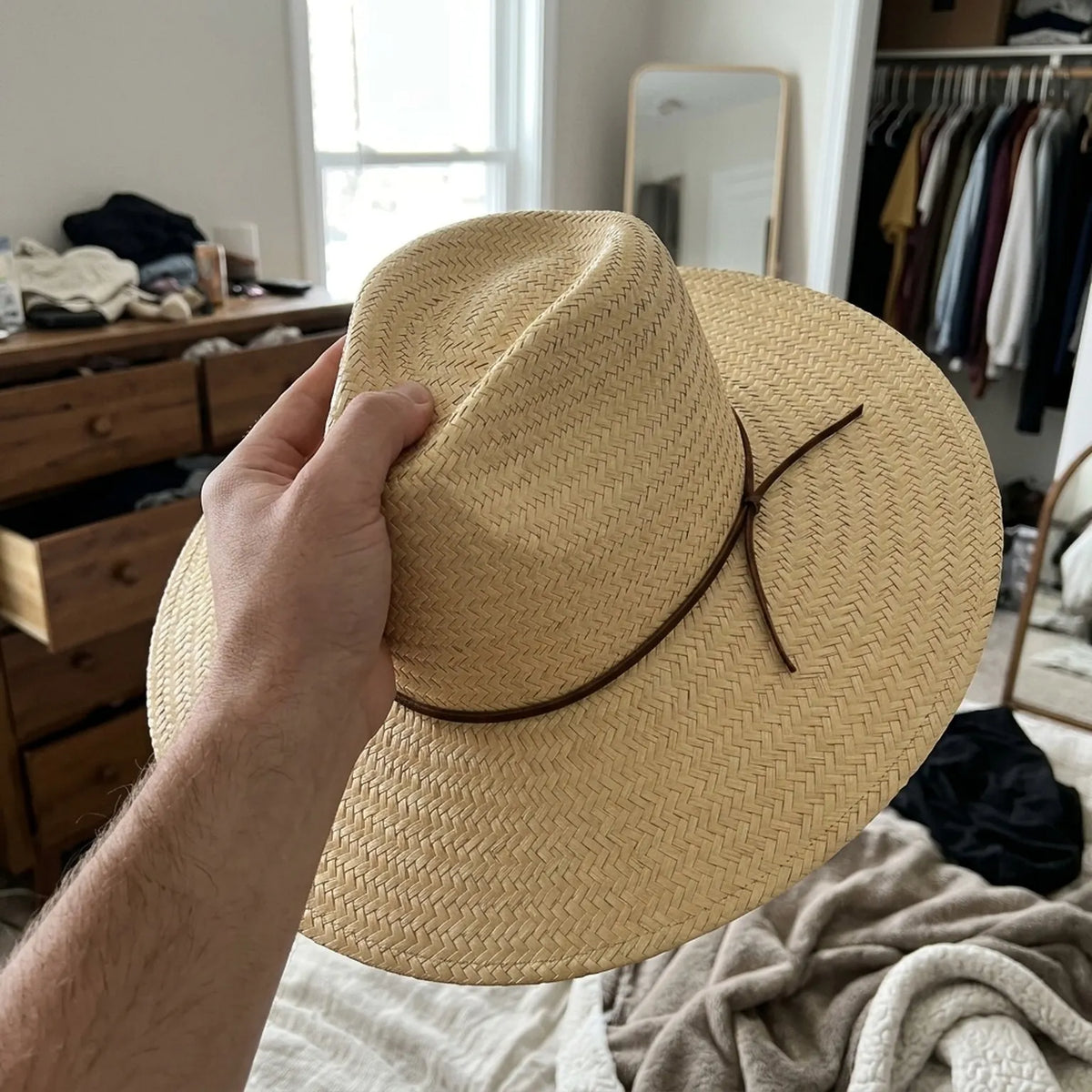 Natural Straw Sun Hat with Leather Cord for Garden and Beach Days