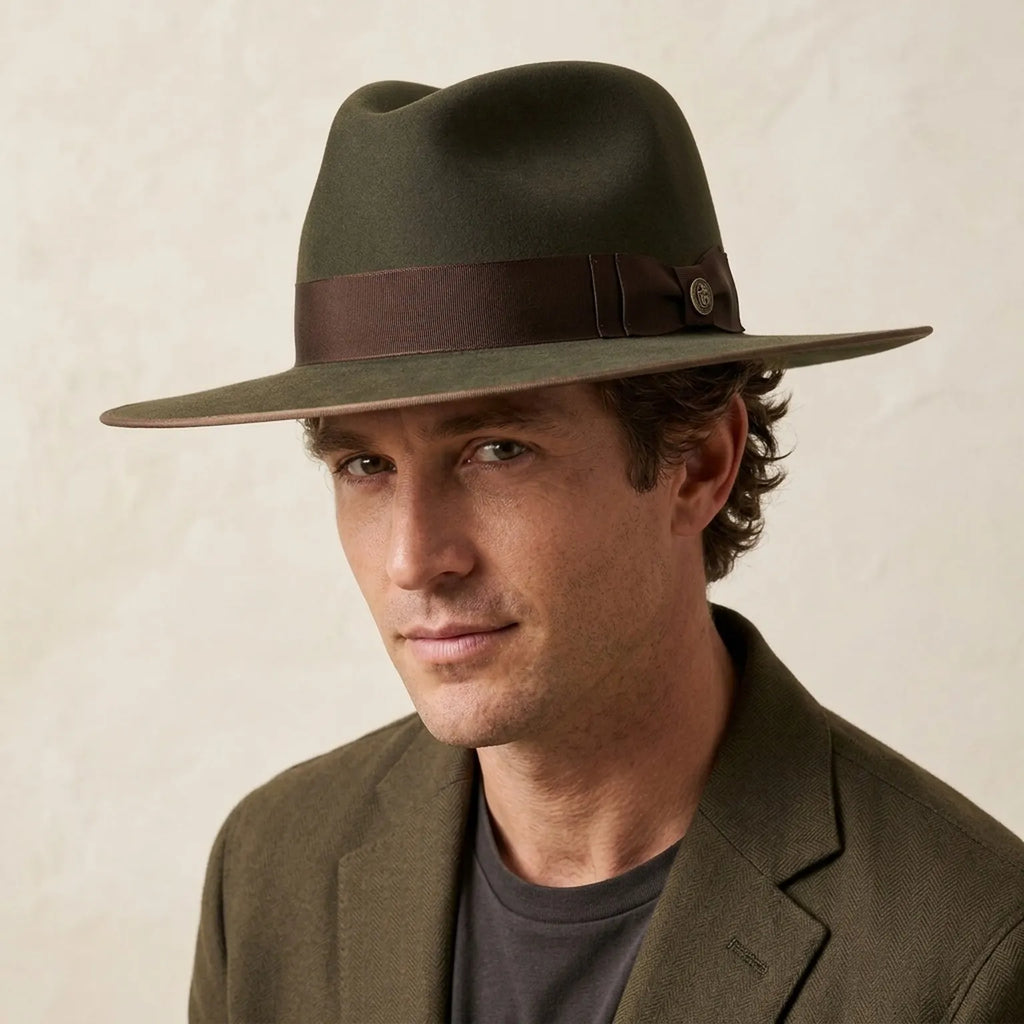 Dark Olive Felt Fedora with Brown Ribbon and Contrast Trim