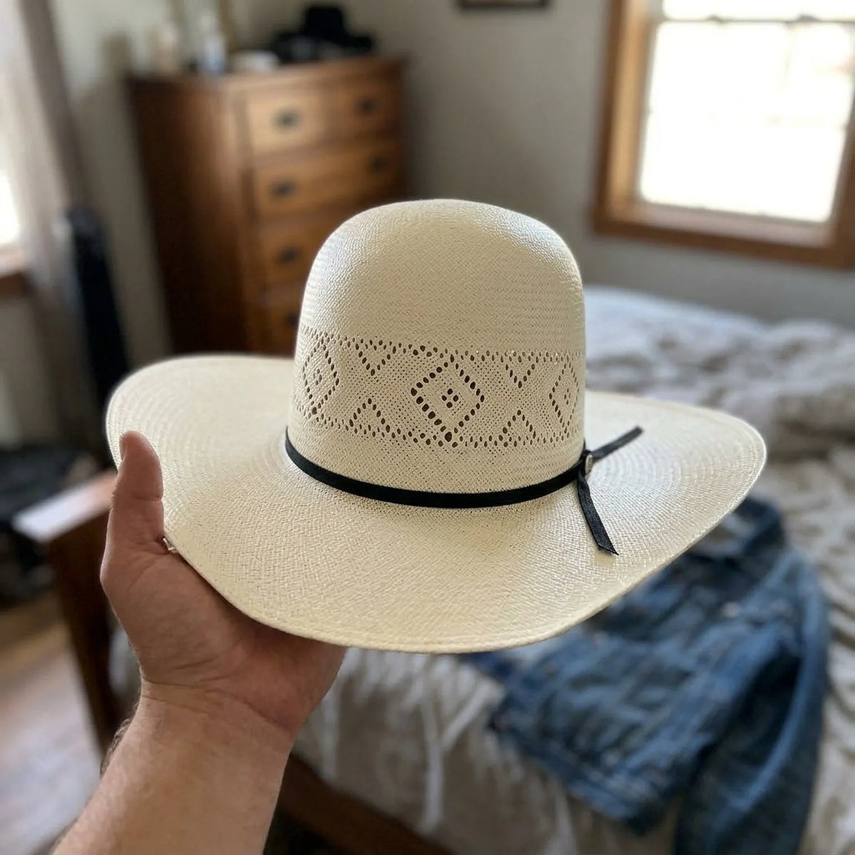 White Straw Panama Hat with Perforated Band for Resort Wear