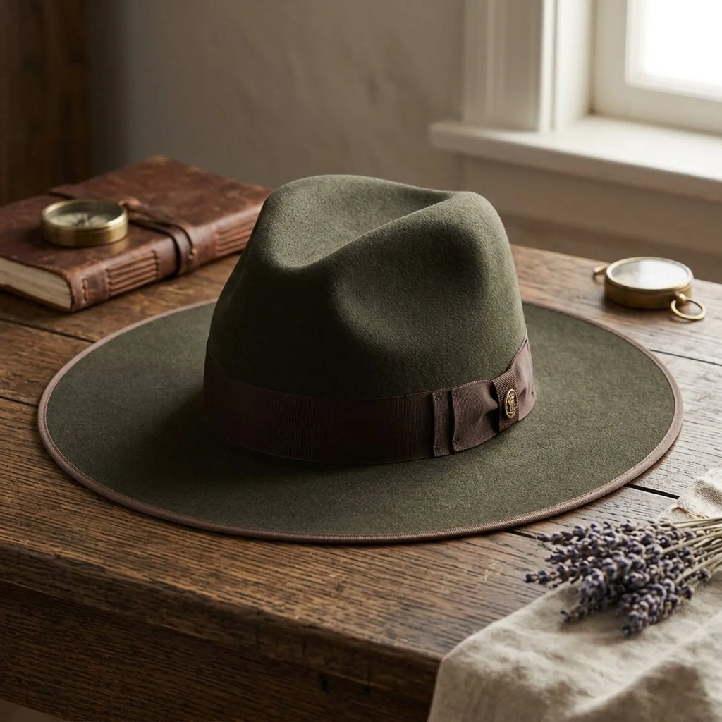 Dark Olive Felt Fedora with Brown Ribbon and Contrast Trim