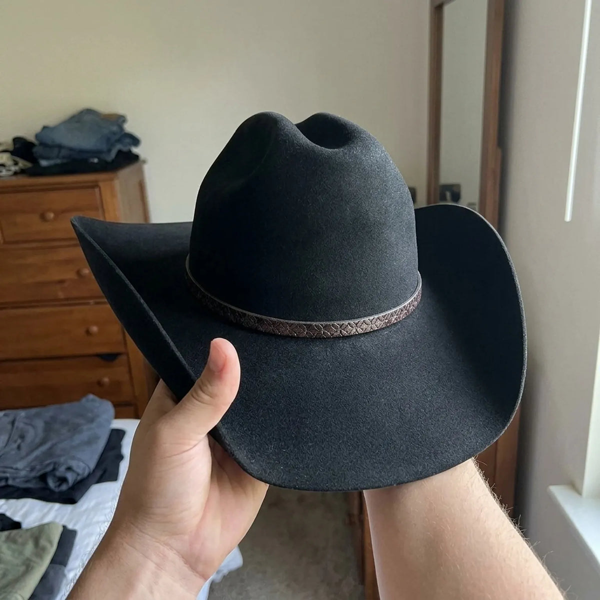 Distressed Black Felt Cowboy Hat with Tooled Leather Band