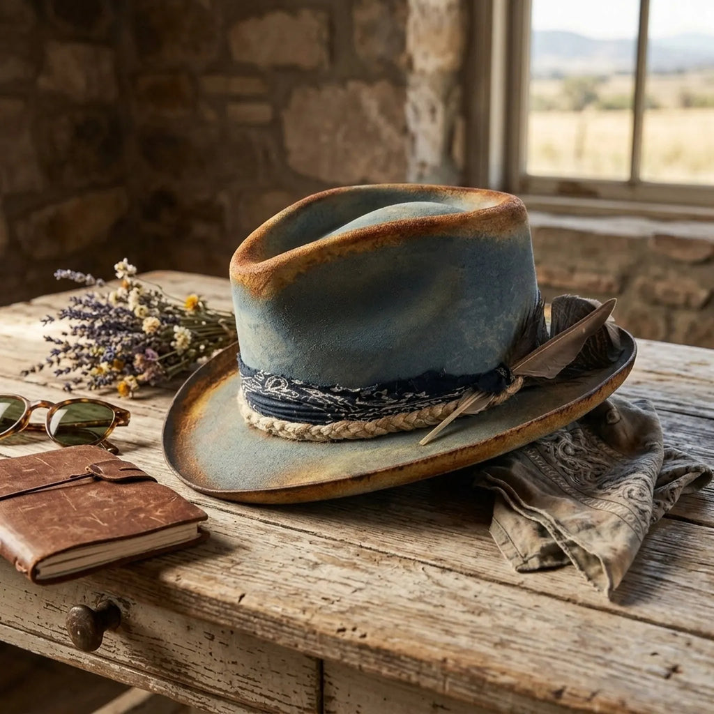 Vintage Teal Fedora with Paisley Band and Feather Detail