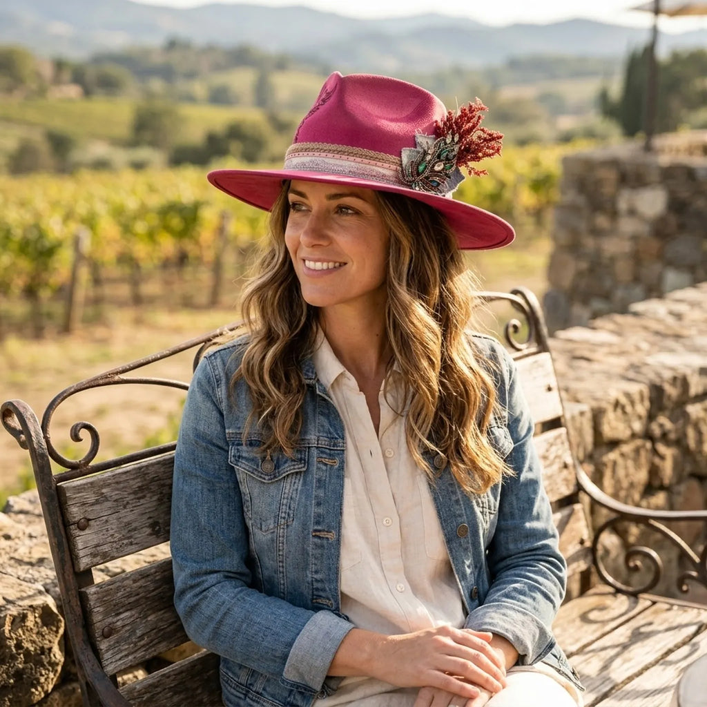 Hot Pink Fedora with Floral Embroidery and Crystal Brooch