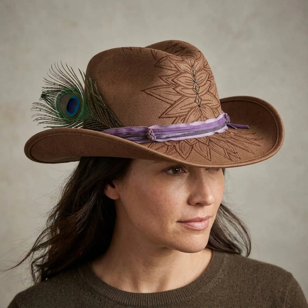 Brown Fedora with Peacock Feather and Leaf Embroidery