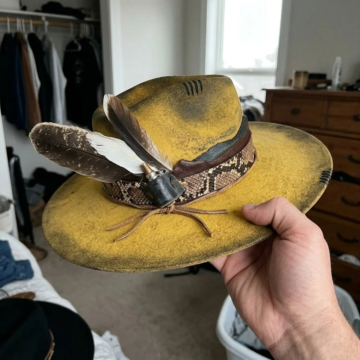 Vintage Yellow Distressed Fedora with Snake Band and Feathers