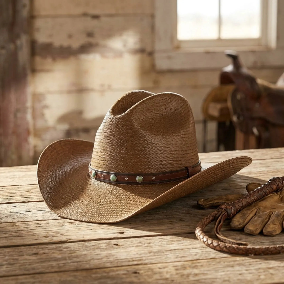Brown Straw Western Hat with Turquoise Studded Leather Band